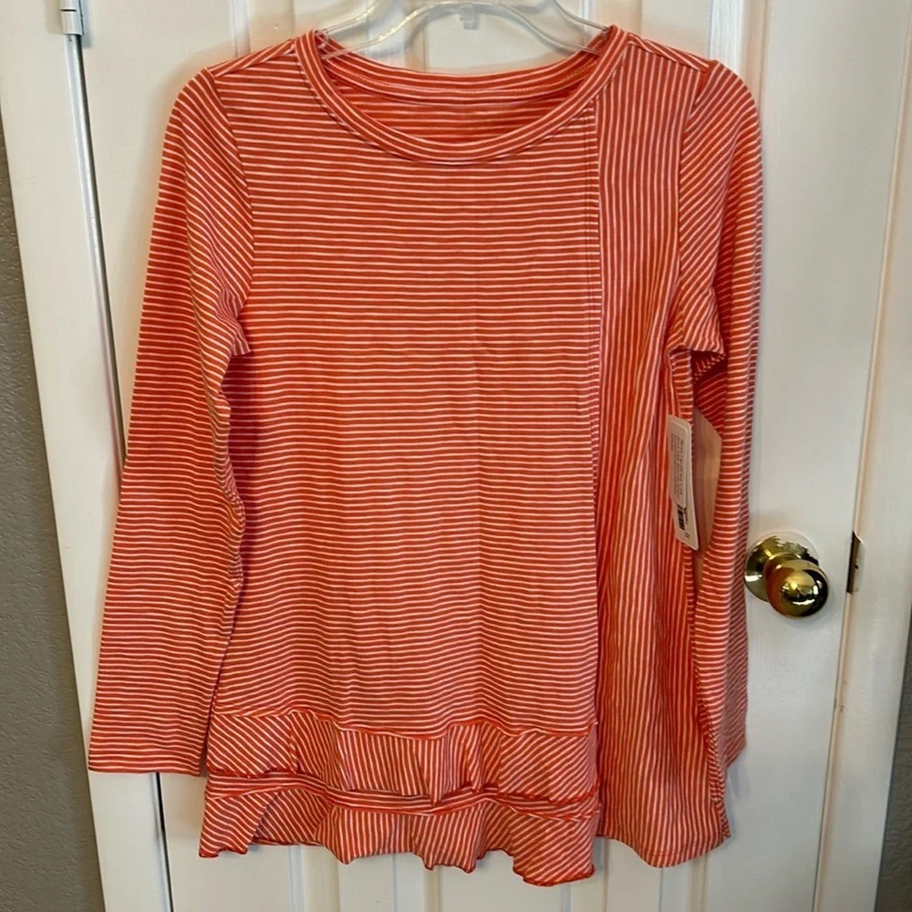 Soft Surroundings Women’s (XS) Cora Pima Tee Ember Glow Stripe Ruffle Hem Top